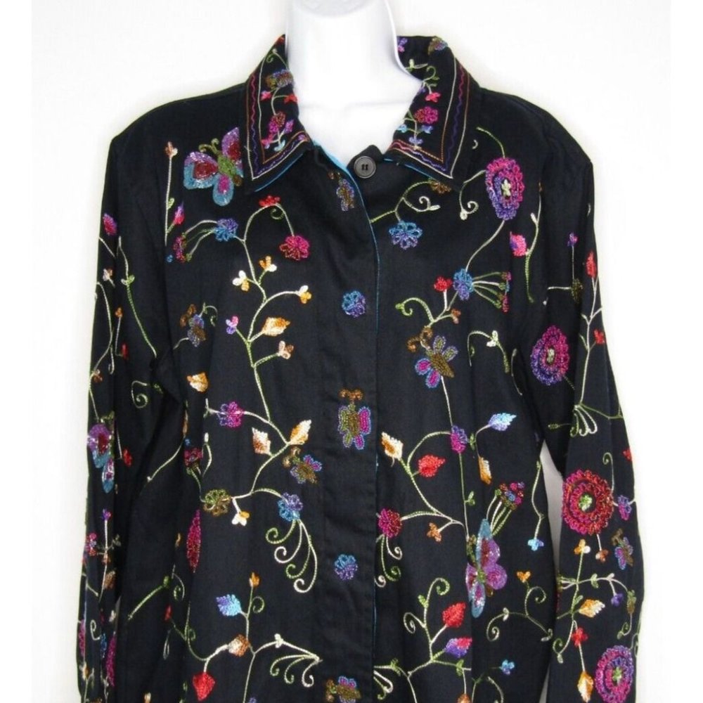 The Quacker Factory Beaded Embroidered Butterfly Floral Black Shirt Jacket Large